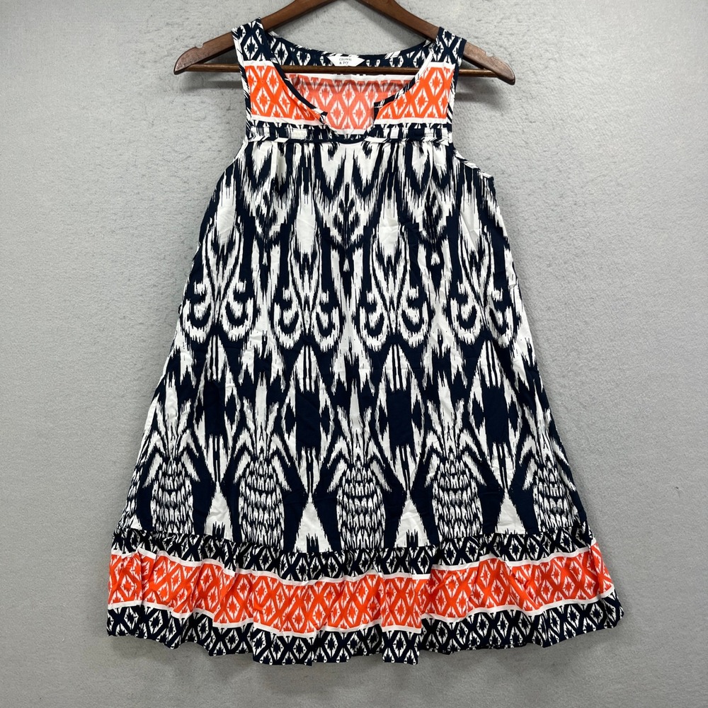 Crown & Ivy Dress Womens Small Blue Orange Ikat Sleeveless Shift Tassel Preppy